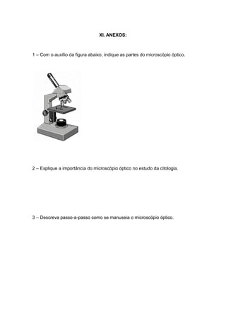 XI. ANEXOS:



1 – Com o auxílio da figura abaixo, indique as partes do microscópio óptico.




2 – Explique a importância do microscópio óptico no estudo da citologia.




3 – Descreva passo-a-passo como se manuseia o microscópio óptico.
 