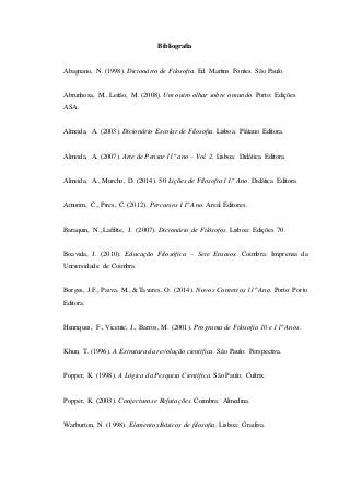 Bibliografia
Abagnano, N. (1998). Dicionário de Filosofia. Ed. Martins Fontes. São Paulo.
Abrunhosa, M., Leitão, M. (2008). Um outro olhar sobre o mundo. Porto: Edições
ASA.
Almeida, A. (2003). Dicionário Escolar de Filosofia. Lisboa: Plátano Editora.
Almeida, A. (2007). Arte de Pensar 11º ano – Vol. 2. Lisboa: Didática Editora.
Almeida, A., Murcho, D. (2014). 50 Lições de Filosofia 11.º Ano. Didática Editora.
Amorim, C., Pires, C. (2012). Percursos 11º Ano. Areal Editores.
Baraquin, N., Laffitte, J. (2007). Dicionário de Filósofos. Lisboa: Edições 70.
Boavida, J. (2010). Educação Filosófica – Sete Ensaios. Coimbra: Imprensa da
Universidade de Coimbra.
Borges, J.F., Paiva, M., &Tavares, O. (2014). Novos Contextos 11º Ano. Porto: Porto
Editora.
Henriques, F., Vicente, J., Barros, M. (2001). Programa de Filosofia 10 e 11º Anos.
Khun, T. (1996). A Estrutura da revolução científica. São Paulo: Perspectiva.
Popper, K. (1998). A Lógica da Pesquisa Científica. São Paulo: Cultrix.
Popper, K. (2003). Conjecturas e Refutações. Coimbra: Almedina.
Warburton, N. (1998). Elementos Básicos de filosofia. Lisboa: Gradiva.
 