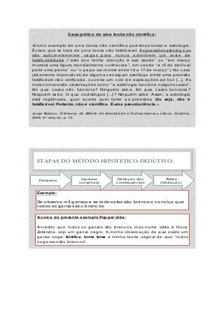 «Como exemp lo d e uma teoria nã o c ientífic a p od emos toma r a a strolog ia .
É c la ro q ue se tra ta d e uma teoria nã o fa lsific á vel. As p revisões a strológic a s
sã o sufic ie nte m e nte va g a s p a ra nunc a a d m itire m um te ste d e
fa lsific a b ilid a d e (“ este a no tenha a tenç ã o à sua sa úd e” ou “ em ma rç o
morrerá uma fig ura mund ia lmente c onhec id a ” , em vez d e “ a 15 d e a b ril va i
p a rtir uma p erna ” ou “ o p a p a va i morrer entre 10 e 17 d e ma rç o” ). No c a so
(a lta mente imp rová vel) d e a lguma vez a lg um a strólogo emitir uma p revisã o
fa lsific á vel nã o verific a d a , ouve-se um c oro d e exp lic a ç ões a d hoc [...]. As
ma is c omuns sã o ob serva ç ões c omo “ a a strolog ia func iona na lg uns c a sos” .
Em q ue c a sos nã o func iona ? Ninguém sa b e. Em q ue c a sos func iona ?
Ninguém sa b e. O q ue os d istingue [...]? Ninguém sa b e. Assim, a a strologia
está legitima d a , q uer a c erte q uer fa lhe a s p revisões. Ou seja, não é
falsificável. Portanto, não é científica. É uma pseudociência.»
Jorge Buesc u, O Mistério d o Bilhete d e Id entid a d e e Outra s História s, Lisb oa , Gra d iva ,
2004, 9.ª ed iç ã o, p . 13.
Caso prático de uma teoria não científica :
ETAPAS DO MÉTODO HIPOTÉTICO-DEDUTIVO:
Acerca do presente exemplo Popper diria:
Ac red ito q ue tod os os ga nsos sã o b ra nc os, ma s numa visita à Nova
Zelâ nd ia , vejo um ga nso negro. A minha ob serva ç ã o d e q ue existe um
ga nso negro falsifica , torna falsa a minha teoria origina l d e q ue “ tod os
os ga nsos sã o b ra nc os” .
Prob lema
Hip ótese
(c onjetura )
Testes
(refuta ç ã o)
Ded uç ã o d a s
c onseq uênc ia s
Exemplo:
Se ob servo mil ga nsos e se tod os eles sã o b ra nc os, c onc luo q ue
tod os os ga nsos sã o b ra nc os.
 