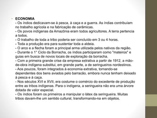 • ECONOMIA
- Os índios dedicavam-se à pesca, à caça e a guerra. As índias contribuíam
no trabalho agrícola e na fabricação de cerâmicas.
- Os povos indígenas da Amazônia eram todos agricultores. A terra pertencia
a todos.
- O trabalho de toda a tribo poderia ser concluído em 3 ou 4 horas.
- Toda a produção era para sustentar toda a aldeia.
- O arco e a flecha foram a principal arma utilizada pelos nativos da região.
- Durante o 1° Ciclo da Borracha, os índios participaram como "mateiros" e
guias em busca de novos locais de exploração da borracha.
- Com a primeira grande crise da empresa extrativa a partir de 1912, a mão-
de-obra indígena substitui, em grande parte, a de seringueiros nordestinos.
- Aos poucos, foram integrados à economia extrativa, tornando-se
dependentes dos bens aviados pelo barracão, embora nunca tenham deixado
à pesca e à caça.
- Nos séculos XVI e XVII, era costume o comércio do excedente de produção
entre as tribos indígenas. Para o indígena, a seringueira não era uma árvore
dotada de valor especial.
- Os índios foram os primeiros a manipular o látex da seringueira. Muitas
tribos davam-lhe um sentido cultural, transformando-na em objetos.
 