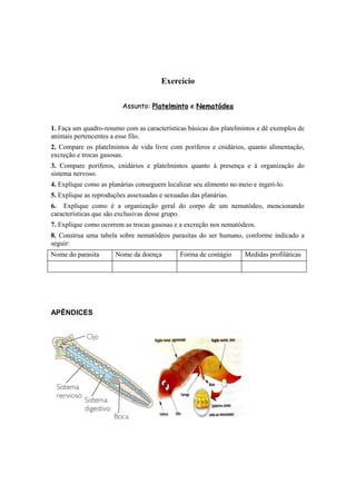 Exercício

                         Assunto: Platelminto e Nematódea


1. Faça um quadro-resumo com as características básicas dos platelmintos e dê exemplos de
animais pertencentes a esse filo.
2. Compare os platelmintos de vida livre com poríferos e cnidários, quanto alimentação,
excreção e trocas gasosas.
3. Compare poríferos, cnidários e platelmintos quanto à presença e à organização do
sistema nervoso.
4. Explique como as planárias conseguem localizar seu alimento no meio e ingeri-lo.
5. Explique as reproduções assexuadas e sexuadas das planárias.
6. Explique como é a organização geral do corpo de um nematódeo, mencionando
características que são exclusivas desse grupo.
7. Explique como ocorrem as trocas gasosas e a excreção nos nematódeos.
8. Construa uma tabela sobre nematódeos parasitas do ser humano, conforme indicado a
seguir:
Nome do parasita      Nome da doença         Forma de contágio       Medidas profiláticas




APÊNDICES
 
