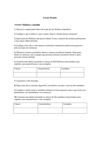 Estudo Dirigido


Assunto: Mollusco e Annelida

1. Descreva a organização básica do corpo de um Mollusco hipotético.

2. Explique o que é rádula e o que é manto. Qual é a função dessas estruturas?

3. Qual classe de Mollusco não possui rádula? Como a maioria dos animais pertencentes
a essa classe obtém alimento.

4. Explique como são e como atuam as estruturas responsáveis pelas trocas gasosas e
pela excreção nos moluscos.

5. Diferencie sistema circulatório aberto e sistema circulatório fechado. Diga quais,
dentre os moluscos, são os grupos que possuem sistema circulatório aberto e quais
possuem sistema fechado.

6. Construa uma tabela resumindo as classes do filo Mollusca mencionadas neste
capítulo, suas características e seus exemplos.

Classes                      Características               Exemplos




7. Caracterize o filo Annelida.

8. Diga como são os sistemas digestório, circulatório, excretor e nervoso dos anelídeos.

9. Compare o modo como os anelídeos efetuam as trocas gasosas como o que ocorre nos
platelmintos, nos nematódeos e nos moluscos.

10. Construa uma tabela resumindo as classes do filo anelídeos mencionadas neste
capítulo, suas características e seus exemplos.

Classes                           Características            Exemplos
 