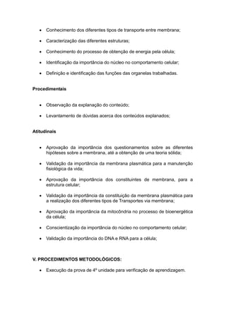    Conhecimento dos diferentes tipos de transporte entre membrana;

      Caracterização das diferentes estruturas;

      Conhecimento do processo de obtenção de energia pela célula;

      Identificação da importância do núcleo no comportamento celular;

      Definição e identificação das funções das organelas trabalhadas.


Procedimentais


      Observação da explanação do conteúdo;

      Levantamento de dúvidas acerca dos conteúdos explanados;


Atitudinais


      Aprovação da importância dos questionamentos sobre as diferentes
       hipóteses sobre a membrana, até a obtenção de uma teoria sólida;

      Validação da importância da membrana plasmática para a manutenção
       fisiológica da vida;

      Aprovação da importância dos constituintes de membrana, para a
       estrutura celular;

      Validação da importância da constituição da membrana plasmática para
       a realização dos diferentes tipos de Transportes via membrana;

      Aprovação da importância da mitocôndria no processo de bioenergética
       da célula;

      Conscientização da importância do núcleo no comportamento celular;

      Validação da importância do DNA e RNA para a célula;



V. PROCEDIMENTOS METODOLÓGICOS:

      Execução da prova de 4º unidade para verificação de aprendizagem.
 