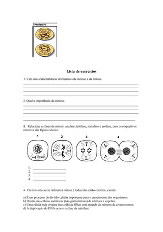 Lista de exercícios
1. Cite duas características diferenciais da meiose e da mitose.
_________________________________________________________________________
_________________________________________________________________________
_________________________________________________________________________
_________________________________________________________________________

2. Qual a importância da meiose.
_________________________________________________________________________
_________________________________________________________________________
_________________________________________________________________________
_________________________________________________________________________
_______________________________________________________________________

3. Relacione as fases da mitose: anáfase, telófase, metáfase e prófase, com os respectivos
números das figuras abaixo:




   1.   ____________________
   2.   ____________________
   3.   ____________________
   4.   ____________________


4. Os itens abaixo se referem à mitose e todos eles estão corretos, exceto:

a) É um processo de divisão celular importante para o crescimento dos organismos.
b) Ocorre nas células somáticas (não germinativas) de animais e vegetais.
c) Uma célula-mãe origina duas células-filhas com metade do número de cromossomos.
d) A duplicação do DNA ocorre na fase da intérfase.
 