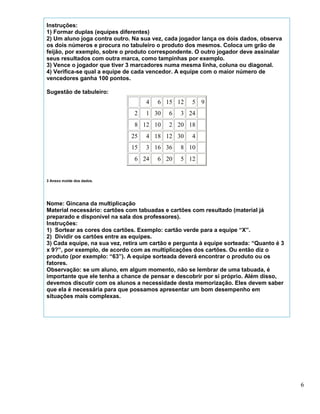 Instruções:
1) Formar duplas (equipes diferentes)
2) Um aluno joga contra outro. Na sua vez, cada jogador lança os dois dados, observa
os dois números e procura no tabuleiro o produto dos mesmos. Coloca um grão de
feijão, por exemplo, sobre o produto correspondente. O outro jogador deve assinalar
seus resultados com outra marca, como tampinhas por exemplo.
3) Vence o jogador que tiver 3 marcadores numa mesma linha, coluna ou diagonal.
4) Verifica-se qual a equipe de cada vencedor. A equipe com o maior número de
vencedores ganha 100 pontos.

Sugestão de tabuleiro:
                                -   4   6 15 12     5 9
                               2    1 30    6   3 24 --
                               8 12 10      2 20 18 --
                              25    4 18 12 30      4 --
                              15    3 16 36     8 10 --
                               6 24     6 20    5 12 --


3 Anexo molde dos dados.




Nome: Gincana da multiplicação
Material necessário: cartões com tabuadas e cartões com resultado (material já
preparado e disponível na sala dos professores).
Instruções:
1) Sortear as cores dos cartões. Exemplo: cartão verde para a equipe “X”.
2) Dividir os cartões entre as equipes.
3) Cada equipe, na sua vez, retira um cartão e pergunta à equipe sorteada: “Quanto é 3
x 9?”, por exemplo, de acordo com as multiplicações dos cartões. Ou então diz o
produto (por exemplo: “63”). A equipe sorteada deverá encontrar o produto ou os
fatores.
Observação: se um aluno, em algum momento, não se lembrar de uma tabuada, é
importante que ele tenha a chance de pensar e descobrir por si próprio. Além disso,
devemos discutir com os alunos a necessidade desta memorização. Eles devem saber
que ela é necessária para que possamos apresentar um bom desempenho em
situações mais complexas.




                                                                                         6
 