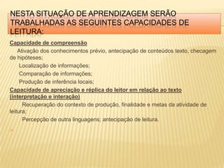 NESTA SITUAÇÃO DE APRENDIZAGEM SERÃO
TRABALHADAS AS SEGUINTES CAPACIDADES DE
LEITURA:
Capacidade de compreensão
Ativação dos conhecimentos prévio, antecipação de conteúdos texto, checagem
de hipóteses;
Localização de informações;
Comparação de informações;
Produção de inferência locais;
Capacidade de apreciação e réplica do leitor em relação ao texto
(interpretação e interação)
Recuperação do contexto de produção, finalidade e metas da atividade de
leitura;
Percepção de outra linguagens; antecipação de leitura.

 