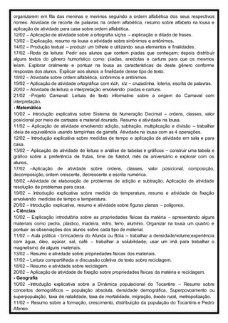 organizarem em fila das meninas e meninos seguindo a ordem alfabética dos seus respectivos
nomes. Atividade de recorte de palavras na ordem alfabética, resumo sobre alfabeto na lousa e
aplicação de atividade para casa sobre ordem alfabética.
12/02 – Aplicação de atividade sobre a ortografia s/ç/ss – explicação e ditado de frases.
13/02 – Explicação, resumo na lousa e atividade sobre sinônimos e antônimos.
14/02 – Produção textual – produzir um bilhete e utilizando seus elementos e finalidades.
17/02 –Roda da leitura: Pedir aos alunos que contem piadas que conheçam; depois distribuir
alguns textos do gênero humorístico como: piadas, anedotas e cartuns para que os mesmos
leiam. Explorar oralmente e pontuar na lousa as características de deste gênero conforme
respostas dos alunos. Explicar aos alunos a finalidade desse tipo de texto.
18/02 – Atividade sobre ordem alfabética, sinônimos e antônimos.
19/02 – Aplicação de atividade ortográfica com xch, sz – cruzadinha, loteria, escrita de palavras.
20/02 – Atividade de leitura e interpretação envolvendo piadas e cartuns.
21/02 –Projeto Carnaval: Leitura de texto informativo sobre a origem do Carnaval com
interpretação.
- Matemática
10/02 – Introdução explicativa sobre Sistema de Numeração Decimal – ordens, classes, valor
posicional por meio de cartazes e material dourado. Resumo e atividade na lousa.
11/02 – Aplicação de atividade envolvendo adição, subtração, multiplicação e divisão – trabalhar
ideia de equivalência usando tampinhas de garrafa. Atividade na lousa com as 4 operações.
12/02 – Introdução explicativa sobre medidas de tempo e aplicação de atividade em sala e para
casa.
13/02 – Aplicação de atividade de leitura e análise de tabelas e gráficos – construir uma tabela e
gráfico sobre a preferência de frutas, time de futebol, mês de aniversário e explorar com os
alunos.
17/02 –Aplicação de atividade sobre ordens, classes, valor posicional, composição,
decomposição, ordem crescente, decrescente e escrita numérica.
18/02 –Atividade de elaboração de problemas de adição e subtração. Aplicação de atividade
resolução de problemas para casa.
19/02 – Introdução explicativa sobre medida de temperatura, resumo e atividade de fixação
envolvendo medidas de tempo e temperatura.
20/02 – Introdução explicativa, resumo e atividade sobre figuras planas – polígonos.
- Ciências
10/02 – Explicação introdutória sobre as propriedades físicas da matéria – apresentando alguns
materiais como pedra, plástico, madeira, vidro, ferro, alumínio. Organizar na lousa um quadro e
pontuar as observações dos alunos sobre cada tipo de material.
11/02 – Aula prática - brincadeira do Afunda ou Bóia – trabalhar a densidade/volume;experiência
com água, óleo, açúcar, sal, café – trabalhar a solubilidade; usar um imã para trabalhar o
magnetismo de alguns materiais.
13/02 – Resumo e atividade sobre propriedades físicas dos materiais.
17/02 – Leitura compartilhada e discussão coletiva de texto sobre reciclagem.
18/02 – Resumo e atividade sobre reciclagem.
20/02 – Aplicação de atividade de fixação sobre propriedades físicas da matéria e reciclagem.
- Geografia
10/02 –Introdução explicativa sobre a Dinâmica populacional do Tocantins – Resumo sobre
conceitos demográficos – população absoluta, densidade demográfica, Superpovoamento ou
superpopulação, taxa de natalidade, taxa de mortalidade, migração, êxodo rural, metropolização.
11/02 – Resumo sobre a formação, crescimento, distribuição da população do Tocantins e Pedro
Afonso.
 