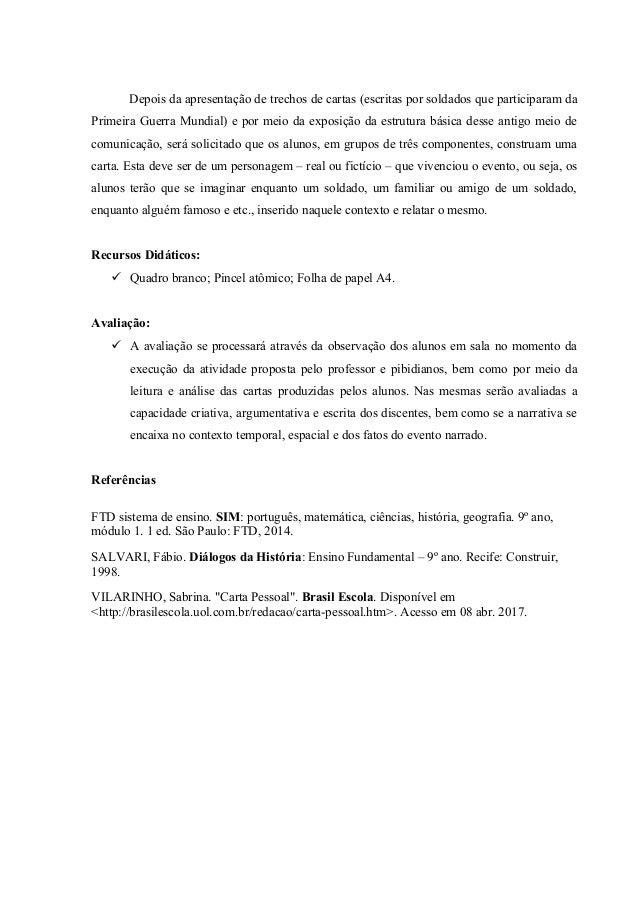 Plano de aula cartas da primeira guerra mundial
