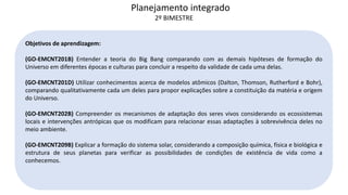 Planejamento integrado
2º BIMESTRE
Objetivos de aprendizagem:
(GO-EMCNT201B) Entender a teoria do Big Bang comparando com as demais hipóteses de formação do
Universo em diferentes épocas e culturas para concluir a respeito da validade de cada uma delas.
(GO-EMCNT201D) Utilizar conhecimentos acerca de modelos atômicos (Dalton, Thomson, Rutherford e Bohr),
comparando qualitativamente cada um deles para propor explicações sobre a constituição da matéria e origem
do Universo.
(GO-EMCNT202B) Compreender os mecanismos de adaptação dos seres vivos considerando os ecossistemas
locais e intervenções antrópicas que os modificam para relacionar essas adaptações à sobrevivência deles no
meio ambiente.
(GO-EMCNT209B) Explicar a formação do sistema solar, considerando a composição química, física e biológica e
estrutura de seus planetas para verificar as possibilidades de condições de existência de vida como a
conhecemos.
 