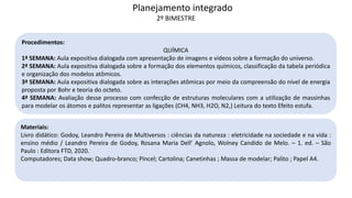 Procedimentos:
QUÍMICA
1ª SEMANA: Aula expositiva dialogada com apresentação de imagens e vídeos sobre a formação do universo.
2ª SEMANA: Aula expositiva dialogada sobre a formação dos elementos químicos, classificação da tabela periódica
e organização dos modelos atômicos.
3ª SEMANA: Aula expositiva dialogada sobre as interações atômicas por meio da compreensão do nível de energia
proposta por Bohr e teoria do octeto.
4ª SEMANA: Avaliação desse processo com confecção de estruturas moleculares com a utilização de massinhas
para modelar os átomos e palitos representar as ligações (CH4, NH3, H2O, N2,) Leitura do texto Efeito estufa.
Materiais:
Livro didático: Godoy, Leandro Pereira de Multiversos : ciências da natureza : eletricidade na sociedade e na vida :
ensino médio / Leandro Pereira de Godoy, Rosana Maria Dell’ Agnolo, Wolney Candido de Melo. – 1. ed. – São
Paulo : Editora FTD, 2020.
Computadores; Data show; Quadro-branco; Pincel; Cartolina; Canetinhas ; Massa de modelar; Palito ; Papel A4.
Planejamento integrado
2º BIMESTRE
 