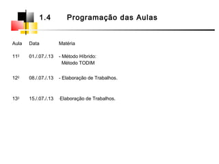 Aula Data Matéria
110
01./.07./.13 - Método Híbrido:
Método TODIM
120
08./.07./.13 - Elaboração de Trabalhos.
130
15./.07./.13 -Elaboração de Trabalhos.
1.4 Programação das Aulas
 