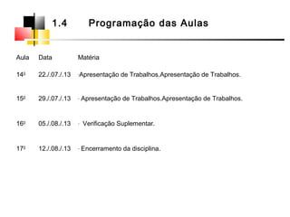 Aula Data Matéria
140
22./.07./.13 -Apresentação de Trabalhos.Apresentação de Trabalhos.
150
29./.07./.13 - Apresentação de Trabalhos.Apresentação de Trabalhos.
160
05./.08./.13 - Verificação Suplementar.
170
12./.08./.13 - Encerramento da disciplina.
1.4 Programação das Aulas
 
