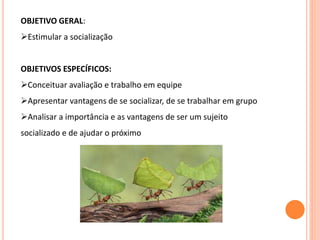 OBJETIVO GERAL:
Estimular a socialização
OBJETIVOS ESPECÍFICOS:
Conceituar avaliação e trabalho em equipe
Apresentar vantagens de se socializar, de se trabalhar em grupo
Analisar a importância e as vantagens de ser um sujeito
socializado e de ajudar o próximo
 