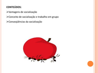 CONTEÚDOS:
Vantagens de socialização
Conceito de socialização e trabalho em grupo
Conseqüências da socialização
 