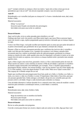 suco?” (sempre estimule as crianças a dizer nos todos), “quais são as duas coisas que nos já
aprendemos que é da cor red?” eles devem responder coração e suco de morango!!!
Aula 03
Relembrando a cor vermelha (red) para as crianças de 3 e 4 anos e introduzindo mom, dad, sister,
brother e baby
Material necessário:
    •filme “os incríveis”
    •exercício para fixação com desenho dos personagens
    •atividade extra para casa (colar no caderno)


Desenvolvimento
Aqui você já sabe, revise as aulas passadas para relembrar a cor red!
Explique que hoje vocês vão assistir a um filme muito legal e que nesse filme as pessoas legais
usam red, mostre a capa, explore perguntando quem já assistiu e deixando que as crianças toquem
na capa.
Como é um filme longo, você pode escolher previamente quais as cenas que quer pular deixando só
as partes emocionantes que geralmente são as que chamam a atenção das crianças.
Durante o filme as crianças conseguem perceber que o uniforme dos incríveis não é vermelho e
então você fala que eles mudam a cor, e quando isso acontecer você chama a atenção deles
novamente para isso, explore as principais ações de cada personagem, geralmente as crianças
imitam as reações do outro, então quando uma cena for importante você pode rir muito ou ter uma
reação forte de medo ou surpresa, com certeza as crianças também terão e prestarão mais atenção
aquelas cenas.
Após o filme (sugiro uma meia hora, passando o inicio e o fim e selecionando partes do meio do
filme) mostre aos alunos a uma cartolina ou mesmo a folha de atividades e apresente os membros
da família sempre destacando uma habilidade, por exemplo: “Este é o brother (apresentando o
personagem flecha), repitam, isso mesmo brother, o que ele faz mesmo? Isso ele é bem rápido não
é? E é forte também, vocês tem algum brother? É mais velho? Mais novo? Qual o nome dele?…”
Não esqueça de ir falando sempre da cor red.
Sugiro que escolham dois personagens para focar bem, pode ser o baby e o brother, ou o baby e a
mom, ou a mom e o dad, ou o brother e a sister. O importante é falar todos e focar dois, para que
eles possam aprender bem. Então entregue a atividade e dê giz de cera vermelho para que eles
possam colorir a atividade. Elogie a cada momento para estimular as crianças.
Uma atividade alternativa é utilizar desenho livre e material como tinta, massa de modelar e outros
materiais para estimular a coordenação motora, a criatividade e a memória.
Aula 04
Relembrando mom, dad, sister, brother e baby
Material necessário:
    •jogo da memória com os membros da família
    •exercício para fixação
    •atividade extra para casa (colar no caderno)
Desenvolvimento
Revise as aulas passadas com perguntas.
Convide a turma para formar um circulo e depois cada um sentar-se no chão, diga que hoje você
 