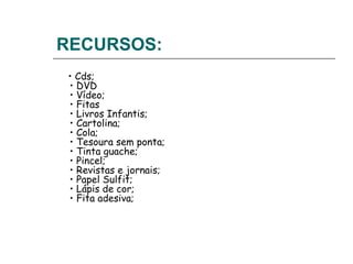 RECURSOS:
 • Cds;
 • DVD
 • Vídeo;
 • Fitas
 • Livros Infantis;
 • Cartolina;
 • Cola;
 • Tesoura sem ponta;
 • Tinta guache;
 • Pincel;
 • Revistas e jornais;
 • Papel Sulfit;
 • Lápis de cor;
 • Fita adesiva;
 