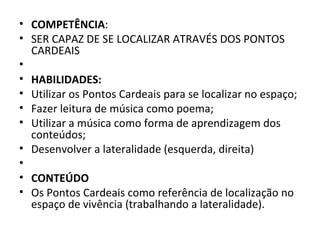• COMPETÊNCIA:
• SER CAPAZ DE SE LOCALIZAR ATRAVÉS DOS PONTOS
  CARDEAIS
•
• HABILIDADES:
• Utilizar os Pontos Cardeais para se localizar no espaço;
• Fazer leitura de música como poema;
• Utilizar a música como forma de aprendizagem dos
  conteúdos;
• Desenvolver a lateralidade (esquerda, direita)
•
• CONTEÚDO
• Os Pontos Cardeais como referência de localização no
  espaço de vivência (trabalhando a lateralidade).
 