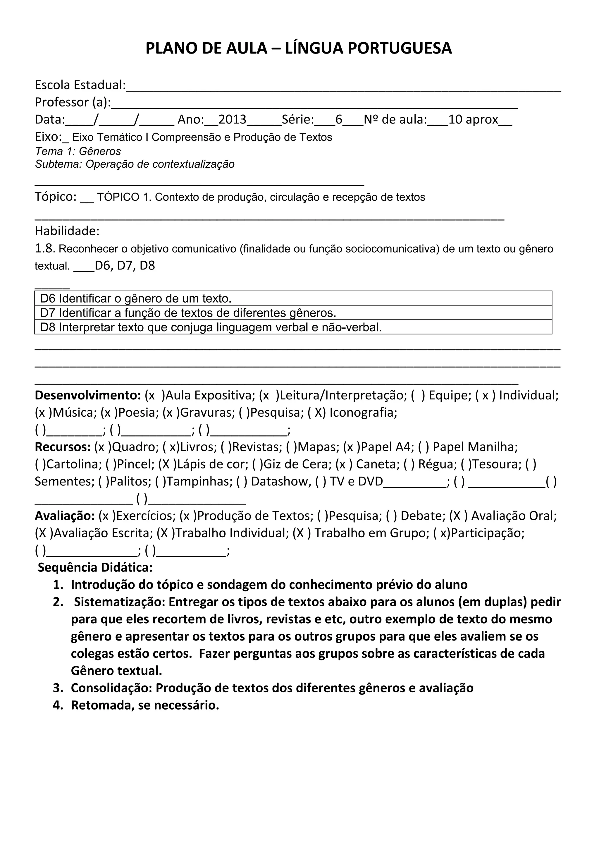 Plano de aula portugues ok | PDF