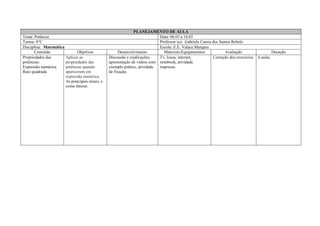 PLANEJAMENTO DE AULA
Tema: Potência Data: 06.03 a 10.03
Turma: 8°C Professor (a): Gabriela Cassia dos Santos Rebelo
Disciplina: Matemática Escola: E.E. Valace Marques
Conteúdo Objetivos Desenvolvimento Materiais/Equipamentos Avaliação Duração
Propriedades das
potências:
Expressão numérica
Raiz quadrada
Aplicar as
propriedades das
potências quando
aparecerem em
expressão numérica.
As principais raízes, e
como fatorar.
Discussão e explicações,
apresentação de vídeos com
exemplo prático, atividade
de fixação.
Tv, lousa, internet,
notebook, atividade
impressa.
Correção dos exercícios 6 aulas
 