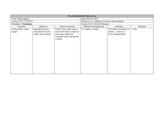 PLANEJAMENTO DE AULA
Tema: Senha segura Data: 06.03 a 10.03
Turma: 6ºB, 7ºA,7ºB,7ºC Professor (a): Gabriela Cassia dos Santos Rebelo
Disciplina: Tecnologia Escola: E.E. VALACE Marques
Conteúdo Objetivos Desenvolvimento Materiais/Equipamentos Avaliação Duração
Criptografia e senha
segura
Aprender dicas de
como deixar as suas
senhas mais seguras
Vídeo sobre senha segura –
texto mostrando os tipos de
trocas que podem ser
realizadas para criptografar
a senha.
Tv, celular, youtube, Atividade colocando em
prática – escrever o
nome criptografado
1 aula
 