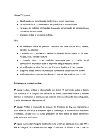 Língua Portuguesa
 Manifestação de experiências, sentimentos, ideias e opiniões;
 narração de fatos considerando a temporalidade e a causalidade;
 narração de histórias conhecidas, buscando aproximação às características
discursivas do texto-fonte;
 prática de leitura e produção de texto.
Ética
 As diferenças entre as pessoas, derivadas de sexo, cultura, etnia, valores,
opiniões ou religiões;
 o respeito a todo ser humano independentemente de sua origem social, etnia,
religião, sexo, opinião e cultura
 o respeito mútuo como condição necessária para o convívio social
democrático: respeito ao outro e exigência de igual respeito para si;
 a identificação de situações em que é ferida a dignidade do ser humano;
 o repúdio a toda forma de humilhação ou violência na relação com o outro;
 a utilização das normas da escola como forma de lutar contra o preconceito.
Estratégias e procedimentos:
1ª etapa: Leitura, análise e interpretação dos textos “A escravidão antes e depois
dos europeus” e “A chegada dos africanos ao Brasil”, explicando o que é o trabalho
escravo e enfatizando a escravidão já existente antes da chegada dos portugueses,
e após, tornando-se algo comercial.
2ª etapa: Análise e discussão da gravura de Theodore de Bry, que representa a
troca entre os africanos e europeus. Após a observação e discussão das hipóteses
levantadas, solicitar que os alunos produzam um texto sobre as trocas comerciais
entre europeus e africanos.
3ª etapa: Apresentar imagens mostrando como viviam os escravos no século XIV e
XIX e imagens do trabalho escravo hoje. Questionar os alunos sobre o que as
 