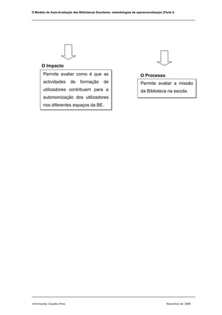 O Modelo de Auto-Avaliação das Bibliotecas Escolares: metodologias de operacionalização (Parte I)

________________________________________________________________________________




       O Impacto
        Permite avaliar como é que as                                     O Processo
        actividades          de   formação      de                        Permite avaliar a missão
        utilizadores contribuem para a                                    da Biblioteca na escola.
        autonomização dos utilizadores
        nos diferentes espaços da BE.




________________________________________________________________________________

A formanda: Claudina Pires                                                                 Novembro de 2009
 
