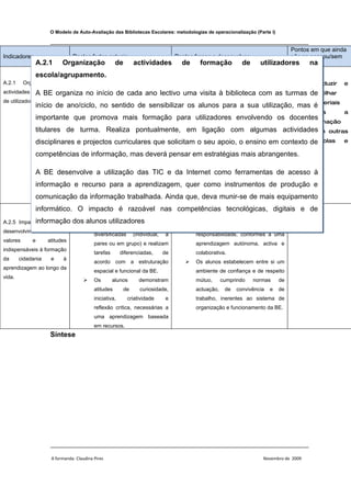 O Modelo de Auto-Avaliação das Bibliotecas Escolares: metodologias de operacionalização (Parte I)

                     ________________________________________________________________________________
                                                                                                                                       Pontos em que ainda
Indicadores                    Pontos fortes actuais                                  Pontos fracos a desenvolver                      não se pensou/sem
              A.2.1       Organização                de           actividades           de     formação               de     utilizadores na
                                                                                                                                       informação

              escola/agrupamento.
A.2.1     Organização    de
                                         Alunos              e          docentes         O plano de trabalho da BE inclui
                                                                                                                                                    Produzir   e
                                          desenvolvem              competências              actividades         de     formação        de
actividades de BE organiza
            A formação                no início de cada ano lectivo uma visita à biblioteca com as turmas de
                                                                                                          partilhar
                                          para o uso da BE revelando                         utilizadores                              com
de utilizadores                                                                                             materiais
              início de ano/ciclo, no sentido de autonomia
                                 um maior nível de sensibilizar os turmas/grupos/alunos sua eutilização, mas é
                                                                    alunos para a                 com
                                                                                                                                                     para       a
              importante que promova utilização formação para utilizadores envolvendo os docentes
                              na sua   mais após as           docentes no sentido de promover o
                                                                                                                                                     formação
                                          sessões        de       formação       de          valor da BE, motivar para a sua
              titulares de turma. Realiza pontualmente, em ligação com algumas actividades
                                                                                        com                                                                 outras
                                          utilizadores.                                      utilização,     esclarecer     sobre       as
                                                                                                        escolas
              disciplinares e projectos curriculares que solicitam formas como está ensino em contexto de
                                                                    o seu apoio, o organizada e                                                                 e
                                                                                                                                                     BE.
              competências de informação, mas deverá pensar em estratégias mais abrangentes.
                                                             ensinar a utilizar os diferentes
                                                                                             serviços.
              A BE desenvolve a utilização das TIC e da  Mobilizar a ferramentas de acesso à
                                                        Internet como escola para a
              informação e recurso para a aprendizagem, quer como e aplicação de um
                                                           criação
                                                                   instrumentos de produção e
                                                                                             código de conduta, coerente
              comunicação da informação trabalhada. Ainda que, de aplicação generalizada.
                                                             e
                                                               deva munir-se de mais equipamento
              informático. O impacto é razoável nas competências tecnológicas, digitais e de
                                         Os            alunos             aplicam          Os   alunos      revelam      valores      de
            informação
A.2.5 Impacto da BE no         dos alunos utilizadores
                                          modalidades             de      trabalho           cooperação,              autonomia          e
desenvolvimento          de
                                          diversificadas          (individual,    a          responsabilidade, conformes a uma
valores      e      atitudes
                                          pares ou em grupo) e realizam                      aprendizagem autónoma, activa e
indispensáveis à formação
                                          tarefas       diferenciadas,           de          colaborativa.
da      cidadania    e     à
                                          acordo com a estruturação                         Os alunos estabelecem entre si um
aprendizagem ao longo da
                                          espacial e funcional da BE.                        ambiente de confiança e de respeito
vida.
                                         Os        alunos          demonstram               mútuo,        cumprindo       normas       de
                                          atitudes        de           curiosidade,          actuação,      de    convivência      e    de
                                          iniciativa,         criatividade       e           trabalho, inerentes ao sistema de
                                          reflexão crítica, necessárias a                    organização e funcionamento da BE.
                                          uma aprendizagem baseada
                                          em recursos.
                     Síntese




                     ________________________________________________________________________________

                     A formanda: Claudina Pires                                                                               Novembro de 2009
 