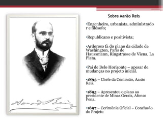 Sobre Aarão Reis
•Engenheiro, urbanista, administrado
r e filósofo;
•Republicano e positivista;
•Ardoroso fã do plano da cidade de
Washington, Paris de
Haussmann, Ringstrasse de Viena, La
Plata.
•Pai de Belo Horizonte – apesar de
mudanças no projeto inicial.
•1893 – Chefe da Comissão, Aarão
Reis.
•1895 – Apresentou o plano ao
presidente de Minas Gerais, Afonso
Pena.
•1897 – Cerimônia Oficial – Conclusão
do Projeto
 