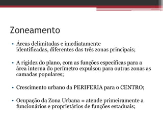 Zoneamento
• Áreas delimitadas e imediatamente
identificadas, diferentes das três zonas principais;
• A rigidez do plano, com as funções específicas para a
área interna do perímetro expulsou para outras zonas as
camadas populares;
• Crescimento urbano da PERIFERIA para o CENTRO;
• Ocupação da Zona Urbana = atende primeiramente a
funcionários e proprietários de funções estaduais;
 