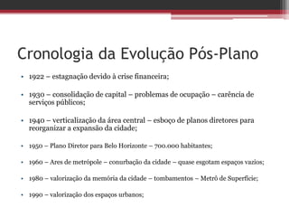 Cronologia da Evolução Pós-Plano
• 1922 – estagnação devido à crise financeira;
• 1930 – consolidação de capital – problemas de ocupação – carência de
serviços públicos;
• 1940 – verticalização da área central – esboço de planos diretores para
reorganizar a expansão da cidade;
• 1950 – Plano Diretor para Belo Horizonte – 700.000 habitantes;
• 1960 – Ares de metrópole – conurbação da cidade – quase esgotam espaços vazios;
• 1980 – valorização da memória da cidade – tombamentos – Metrô de Superfície;
• 1990 – valorização dos espaços urbanos;
 