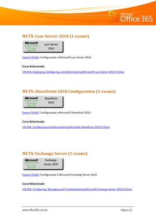 www.office365.com.br Página 12
MCTS: Lync Server 2010 (1 exame)
Exame 70-664: Configurando o Microsoft Lync Server 2010
Curso Relacionado
10533A: Deploying, Configuring, and Administering Microsoft Lync Server 2010 (5 Dias)
MCTS: SharePoint 2010 Configuration (1 exame)
Exame 70-667: Configurando o Microsoft SharePoint 2010
Curso Relacionado
10174A: Configuring and Administering Microsoft SharePoint 2010 (5 Dias)
MCTS: Exchange Server (1 exame)
Exame 70-662: Configurando o Microsoft Exchange Server 2010
Curso Relacionado
10135A: Configuring, Managing and Troubleshooting Microsoft Exchange Server 2010 (5 Dias)
Lync Server
2010
SharePoint
2010
Exchange
Server 2010
 