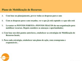 Plano de Mobilização de Recursos Com base no planejamento, prever todas as despesas para o ano  Com as despesas para o ano orçadas, ver o que já está captado e o que não está Levantar os PONTOS FORTES e PONTOS FRACOS da sua organização para mobilizar recursos. Depois considere as ameaças e oportunidades; 4. Com base nos dois pontos anteriores, estabelecer as estratégias de Mobilização de Recursos locais; 5. Para cada estratégia, estabelecer um plano de ação, com cronograma e responsáveis ; 