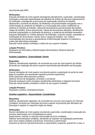 reconhecida pelo MEC.
Atribuições:
Executar atividade de nível superior abrangendo planejamento, supervisão, coordenação,
orientação e execução especializada de trabalhos de análise da estrutura organizacional
da instituição, empregando os princípios de organização científica do trabalho,
objetivando o aumento da eficácia, da eficiência e da produtividade conjugados com a
modernização do ambiente do trabalho e a minimização dos custos; analisando os
sistemas e métodos de trabalho, efetuando levantamento pormenorizado das tarefas,
cargas de trabalho, fluxos operacionais, rotinas de documentos utilizados; identificando
eventual superposição ou duplicação de esforços, e ausência de atividade necessária,
propondo alterações no “modus operandi” da instituição, incluindo criação, supressão ou
modificação de documentos, rotinas, fluxo e cargas de trabalho, com vistas a
racionalização dos serviços e apresentando à Administração Superior os impactos e
custos das alternativas propostas.
Executar outras tarefas correlatas a critério do seu superior imediato.
Lotação Privativa:
Assessoria de Informática e Modernização Administrativa; Diretoria-Geral de
Administração.
Analista Legislativo - Especialidade: Direito
Requisitos:
Diploma, devidamente registrado, de conclusão de curso de nível superior em Direito,
fornecido por instituição de ensino superior reconhecida pelo Ministério da Educação.
Atribuições:
Exercer atividades de nível superior envolvendo estudo e apreciação do ponto de vista
legal de questões que apresentam aspectos jurídicos específicos;
Emitir pareceres sobre assuntos jurídicos;
Elaborar termos de obrigações, contratos e convênios;
Executar quaisquer outros encargos semelhantes pertinentes à categoria funcional;
Executar outras tarefas correlatas a critério do seu superior imediato.
Lotação Privativa:
Assessoria Jurídica; Controladoria-Geral.
Analista Legislativo - Especialidade: Contabilidade
Requisitos:
Diploma, devidamente registrado, de conclusão de curso de nível superior em Ciências
Contábeis, fornecido por instituição de ensino superior reconhecida pelo Ministério da
Educação e registro no respectivo órgão de classe.
Atribuições:
Exercer atividades de nível superior envolvendo supervisão, coordenação e execução dos
serviços relacionados com contabilidade em geral;
Supervisionar, orientar ou executar escrituração de livros contábeis;
Elaborar demonstrações contábeis, atendendo ao disposto nas legislações pertinentes,
bem como realizar análises econômicas, financeiras e patrimoniais;
Examinar os atos de natureza financeira e orçamentária, propondo, quando for o caso, a

 