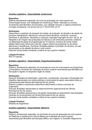 Analista Legislativo - Especialidade: Audiovisual
Requisitos:
Diploma devidamente registrado, de curso de graduação em nível superior em
Comunicação Social, com habilitação em Audiovisual, Rádio, Televisão ou Cinema,
reconhecido pelo Ministério da Educação, com validade nacional, e registro profissional
no órgão competente, nos termos da Lei nº 6.615/1978, art. 6º.
Atribuições:
Desenvolver e participar do processo de criação, de produção, de direção e de edição de
produtos videográficos, televisivos e sonoros (documentários, narrativos, musicais,
descritivos e expositivos, educativos e culturais); empregar linguagem do som, da luz, da
fotografia e da imagem nas produções da Câmara ou de emissoras parceiras; colaborar
na elaboração da grade de programação da TV Câmara, inclusive de outras mídias
digitais disponíveis (sítios para internet); sugerir roteiros de programas ou de séries
televisivas e radiofônicas; coordenar atividades ligadas à produção de cenários, de sets
de gravação ou de seleção de elenco, entre outras.
Executar outras tarefas correlatas a critério do seu superior imediato.
Lotação Privativa:
RIO TV Câmara.
Analista Legislativo - Especialidade: Engenharia/Arquitetura
Requisitos:
Diploma, devidamente registrado, de conclusão de curso de nível superior em Engenharia
ou Arquitetura, fornecido por instituição de ensino superior reconhecida pelo Ministério da
Educação e registro no respectivo órgão de classe.
Atribuições:
Executar atividades de elaboração, supervisão, coordenação, execução e fiscalização dos
trabalhos relacionados com obras públicas e construções em geral, executados direta ou
indiretamente pela Câmara Municipal do Rio de Janeiro.
Elaborar projetos e orçamentos específicos relacionados a obras e serviços de
engenharia.
Executar atividades relacionadas ao desenvolvimento organizacional da Câmara
Municipal do Rio de Janeiro.
Executar atividades operacionais e de gestão necessárias ao desempenho das atividades
inerentes ao funcionamento da Câmara Municipal do Rio de Janeiro.
Executar outras tarefas correlatas a critério do seu superior imediato.
Lotação Privativa:
Diretoria de Engenharia.
Analista Legislativo - Especialidade: Medicina
Requisitos:
Diploma, devidamente registrado, de conclusão de curso de graduação de nível superior
em Medicina e residência em Clínica Médica em instituição de ensino superior
reconhecida pelo Ministério da Educação (MEC), com registro no Conselho Regional de

 