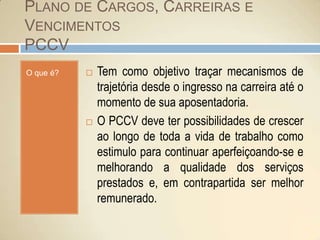 Plano de Cargos, Carreiras e VencimentosPCCVO que é?Tem como objetivo traçar mecanismos de trajetória desde o ingresso na carreira até o momento de sua aposentadoria.O PCCV deve ter possibilidades de crescer ao longo de toda a vida de trabalho como estimulo para continuar aperfeiçoando-se e melhorando a qualidade dos serviços prestados e, em contrapartida ser melhor remunerado.