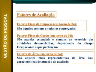 Fatores de Avaliação

Fatores Fixos da Empresa (em torno de 04):
São aqueles comuns a todos os empregados

Fatores Fixos do Cargo (em torno de 04):
São aqueles essenciais e comuns ao exercício das
atividades desenvolvidas, dependendo do Grupo
Ocupacional a que pertençam

Fatores de Área (em torno de 06):
São aqueles mais representativos da área e/ou
características de atuação do avaliado
 