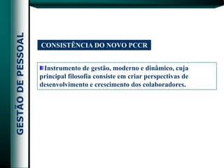 CONSISTÊNCIA DO NOVO PCCR


 Instrumento de gestão, moderno e dinâmico, cuja
principal filosofia consiste em criar perspectivas de
desenvolvimento e crescimento dos colaboradores.
 