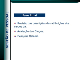 Fase Atual


   Revisão das descrições das atribuições dos
cargos da.
  Avaliação dos Cargos.
  Pesquisa Salarial.
 