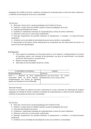 pedagógica da Unidade de Escolar, estabelecer estratégias de recuperação para os alunos de menor rendimento
e colaborar na articulação da escola com a comunidade.




Atribuições
  • Participar e desenvolver a proposta pedagógica da Unidade de Ensino;
   • Elaborar e cumprir plano de trabalho segundo a proposta pedagógica da escola;
   • Zelar pela aprendizagem dos alunos,
   • Estabelecer e implementar estratégias de recuperação para os alunos de menor rendimento;
   • Ministrar os dias letivos e horas-aulas estabelecidas,
   • Participar integralmente dos períodos dedicados ao planejamento, a avaliação e ao desenvolvimento
   profissional;
   • Colaborar com as atividades de articulação da escola com as famílias e comunidades;
   • Desincumbir-se das demais tarefas indispensáveis ao atendimento dos fins educacionais da escola e ao
   processo de ensino-aprendizagem.



Pré-Requisito
      • Curso superior de graduação, de licenciatura plena ou nível superior e complementações nos termos
         da legislação vigente com formação de pós-graduação com grau de especialização, com duração
         mínima de 360 (trezentas e sessenta) horas.
      • Registro em órgão competente;
      • Aprovação em concurso público de provas e títulos.




          CATEGORIA FUNCIONAL                         CARGO
Professor Municipal                        Professor
Nível 3 — Professor de Nível Superior Docência nos anos finais do ensino
Licenciatura Plena ou Nível Superior e fundamental e/ou do ensino médio
complementações nos Termos da legislação
vigente com formação em nível de Mestrado.



Descrição Sumaria
Executar as atividades de regência de classe, planejamento escolar, participar da elaboração da proposta
pedagógica da Unidade de Ensino, estabelecer estratégias de recuperação para os alunos de menor rendimento e
colaborar na articulação da escola com a comunidade.




Atribuições
  • Participar e desenvolver a proposta pedagógica da Unidade Escolar;
   • Elaborar e cumprir plano de trabalho segundo a proposta pedagógica da escola;
   • Zelar pela aprendizagem dos alunos,
   • Estabelecer e implementar estratégias de recuperação para os alunos de menor rendimento;
   • Ministrar os dias letivos e horas-aulas estabelecidas,
   • Participar integralmente dos períodos dedicados ao planejamento, a avaliação e ao desenvolvimento
   profissional;
   • Colaborar com as atividades de articulação da escola com as famílias e comunidades;
 