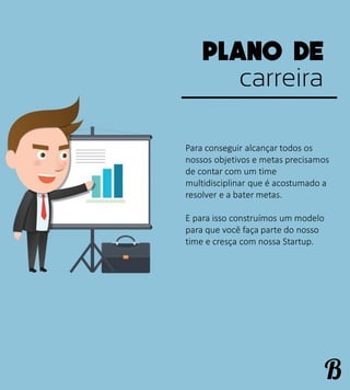 carreira
Para conseguir alcançar todos os
nossos objetivos e metas precisamos
de contar com um time
multidisciplinar que é acostumado a
resolver e a bater metas.
E para isso construímos um modelo
para que você faça parte do nosso
time e cresça com nossa Startup.
 
