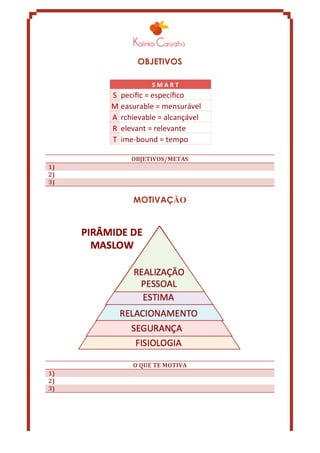 OBJETIVOS 
OBJETIVOS/METAS 
1) 
2) 
3) 
MOTIVAÇĀO 
O 
QUE 
TE 
MOTIVA 
1) 
2) 
3) 
 