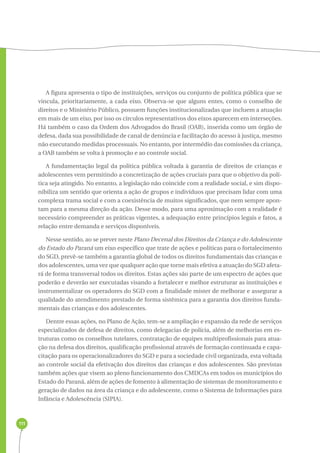 111 
A figura apresenta o tipo de instituições, serviços ou conjunto de política pública que se 
vincula, prioritariamente, a cada eixo. Observa-se que alguns entes, como o conselho de 
direitos e o Ministério Público, possuem funções institucionalizadas que incluem a atuação 
em mais de um eixo, por isso os círculos representativos dos eixos aparecem em interseções. 
Há também o caso da Ordem dos Advogados do Brasil (OAB), inserida como um órgão de 
defesa, dada sua possibilidade de canal de denúncia e facilitação do acesso à justiça, mesmo 
não executando medidas processuais. No entanto, por intermédio das comissões da criança, 
a OAB também se volta à promoção e ao controle social. 
A fundamentação legal da política pública voltada à garantia de direitos de crianças e 
adolescentes vem permitindo a concretização de ações cruciais para que o objetivo da polí-tica 
seja atingido. No entanto, a legislação não coincide com a realidade social, e sim dispo-nibiliza 
um sentido que orienta a ação de grupos e indivíduos que precisam lidar com uma 
complexa trama social e com a coexistência de muitos significados, que nem sempre apon-tam 
para a mesma direção da ação. Desse modo, para uma aproximação com a realidade é 
necessário compreender as práticas vigentes, a adequação entre princípios legais e fatos, a 
relação entre demanda e serviços disponíveis. 
Nesse sentido, ao se prever neste Plano Decenal dos Direitos da Criança e do Adolescente 
do Estado do Paraná um eixo específico que trate de ações e políticas para o fortalecimento 
do SGD, prevê-se também a garantia global de todos os direitos fundamentais das crianças e 
dos adolescentes, uma vez que qualquer ação que torne mais efetiva a atuação do SGD afeta-rá 
de forma transversal todos os direitos. Estas ações são parte de um espectro de ações que 
poderão e deverão ser executadas visando a fortalecer e melhor estruturar as instituições e 
instrumentalizar os operadores do SGD com a finalidade mister de melhorar e assegurar a 
qualidade do atendimento prestado de forma sistêmica para a garantia dos direitos funda-mentais 
das crianças e dos adolescentes. 
Dentre essas ações, no Plano de Ação, tem-se a ampliação e expansão da rede de serviços 
especializados de defesa de direitos, como delegacias de polícia, além de melhorias em es-truturas 
como os conselhos tutelares, contratação de equipes multiprofissionais para atua-ção 
na defesa dos direitos, qualificação profissional através de formação continuada e capa-citação 
para os operacionalizadores do SGD e para a sociedade civil organizada, esta voltada 
ao controle social da efetivação dos direitos das crianças e dos adolescentes. São previstas 
também ações que visem ao pleno funcionamento dos CMDCAs em todos os municípios do 
Estado do Paraná, além de ações de fomento à alimentação de sistemas de monitoramento e 
geração de dados na área da criança e do adolescente, como o Sistema de Informações para 
Infância e Adolescência (SIPIA). 
 
