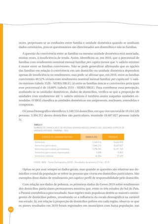 137 
vezes, perpetuam-se as confusões entre família e unidade doméstica quando se analisam 
dados censitários, pois os questionários são direcionados aos domicílios e não às famílias. 
A questão da convivência entre as famílias na mesma unidade doméstica está associada, 
muitas vezes, à insuficiência de renda. Assim, identificou-se, em 2010, que o percentual de 
famílias com rendimento nominal mensal familiar per capita menor que ½ salário mínimo 
é maior entre as famílias conviventes. Não se pode generalizar afirmando que as opções 
das famílias em relação à convivência em um domicílio ou unidade doméstica dependem 
apenas de insuficiência no rendimento, mas pode-se afirmar que, em 2010, entre as famílias 
conviventes 40,52% viviam com rendimento nominal mensal familiar per capita até ½ salá-rio 
mínimo (tabela 3520 - SIDRA/IBGE); já entre as famílias únicas e conviventes principais 
esse percentual é de 18,60% (tabela 3519 - SIDRA/IBGE). Para corroborar essa percepção, 
avaliando-se as unidades domésticas, dados de domicílios, verifica-se que a proporção de 
unidades com rendimento até ½ salário mínimo é também maior naquelas unidades es-tendidas. 
O IBGE classifica as unidades domésticas em unipessoais, nucleares, estendidas e 
compostas. 
O Censo Demográfico identificou 3.340.516 domicílios, em que vive um total de 10.444.526 
pessoas; 3.304.312 destes domicílios são particulares, reunindo 10.407.027 pessoas (tabela 
5). 
TABELA 5 
Número de domicílios e de pessoas vivendo nesses domicílios, segundo espécie de 
unidade visitada - Paraná - 2010 
ESPÉCIE DE UNIDADE VISITADA DOMICÍLIOS PESSOAS 
Domicílios 
Domicílios particulares 
Domicílios particulares permanentes 
Domicílios particulares improvisados 
Domicílios coletivos 
3.340.516 
3.304.312 
3.298.304 
6.008 
36.204 
FONTE: IBGE - Censo Demográfico (2010) - Resultados da amostra (19 dez. 2012) 
10.444.526 
10.407.027 
10.391.169 
15.857 
37.499 
Optou-se por usar sempre os dados gerais, mas quando as questões são relativas aos do-micílios 
o total da população se refere às pessoas que vivem em domicílios particulares. São 
exemplos disso dados de rendimento per capita e perfil de responsabilidade pelo domicílio. 
Com relação aos dados de pobreza, os primeiros dados do Censo 2010 sobre rendimento 
dos domicílios particulares permanentes mostrou que, entre os três estados do Sul do País, 
o Paraná contabiliza o pior resultado. Suas regiões mais populosas detêm os maiores contin-gentes 
de domicílios pobres, ressaltando-se a influência da escala demográfica na variável 
em estudo. Já, em relação à proporção de domicílios pobres em cada região, observa-se que 
os piores resultados em 2010 foram registrados em municípios com baixa população, nas 
 