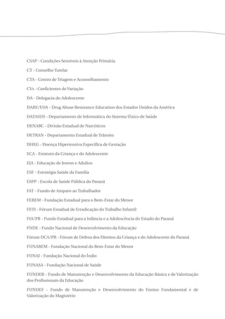 CSAP - Condições Sensíveis à Atenção Primária 
CT - Conselho Tutelar 
CTA - Centro de Triagem e Aconselhamento 
CVs - Coeficientes de Variação 
DA - Delegacia do Adolescente 
DARE/EUA - Drug Abuse Resistance Education dos Estados Unidos da América 
DATASUS - Departamento de Informática do Sistema Único de Saúde 
DENARC - Divisão Estadual de Narcóticos 
DETRAN - Departamento Estadual de Trânsito 
DHEG - Doença Hipertensiva Específica de Gestação 
ECA - Estatuto da Criança e do Adolescente 
EJA - Educação de Jovens e Adultos 
ESF - Estratégia Saúde da Família 
ESPP - Escola de Saúde Pública do Paraná 
FAT - Fundo de Amparo ao Trabalhador 
FEBEM - Fundação Estadual para o Bem-Estar do Menor 
FETI - Fórum Estadual de Erradicação do Trabalho Infantil 
FIA/PR - Fundo Estadual para a Infância e a Adolescência do Estado do Paraná 
FNDE - Fundo Nacional de Desenvolvimento da Educação 
Fórum DCA/PR - Fórum de Defesa dos Direitos da Criança e do Adolescente do Paraná 
FUNABEM - Fundação Nacional do Bem-Estar do Menor 
FUNAI - Fundação Nacional do Índio 
FUNASA - Fundação Nacional de Saúde 
FUNDEB - Fundo de Manutenção e Desenvolvimento da Educação Básica e de Valorização 
dos Profissionais da Educação 
FUNDEF - Fundo de Manutenção e Desenvolvimento do Ensino Fundamental e de 
Valorização do Magistério 
 