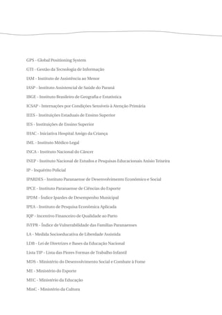 GPS - Global Positioning System 
GTI - Gestão da Tecnologia de Informação 
IAM - Instituto de Assistência ao Menor 
IASP - Instituto Assistencial de Saúde do Paraná 
IBGE - Instituto Brasileiro de Geografia e Estatística 
ICSAP - Internações por Condições Sensíveis à Atenção Primária 
IEES - Instituições Estaduais de Ensino Superior 
IES - Instituições de Ensino Superior 
IHAC - Iniciativa Hospital Amigo da Criança 
IML - Instituto Médico Legal 
INCA - Instituto Nacional do Câncer 
INEP - Instituto Nacional de Estudos e Pesquisas Educacionais Anísio Teixeira 
IP - Inquérito Policial 
IPARDES - Instituto Paranaense de Desenvolvimento Econômico e Social 
IPCE - Instituto Paranaense de Ciências do Esporte 
IPDM - Índice Ipardes de Desempenho Municipal 
IPEA - Instituto de Pesquisa Econômica Aplicada 
IQP - Incentivo Financeiro de Qualidade ao Parto 
IVFPR - Índice de Vulnerabilidade das Famílias Paranaenses 
LA - Medida Socioeducativa de Liberdade Assistida 
LDB - Lei de Diretrizes e Bases da Educação Nacional 
Lista TIP - Lista das Piores Formas de Trabalho Infantil 
MDS - Ministério do Desenvolvimento Social e Combate à Fome 
ME - Ministério do Esporte 
MEC - Ministério da Educação 
MinC - Ministério da Cultura 
 