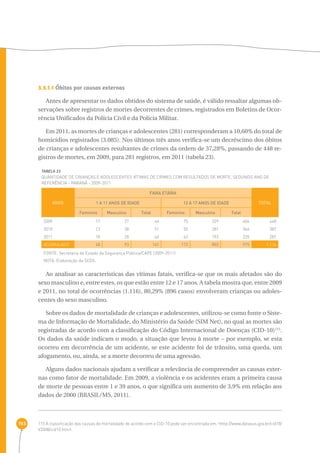 193 
3.3.1.1 Óbitos por causas externas 
Antes de apresentar os dados obtidos do sistema de saúde, é válido ressaltar algumas ob-servações 
sobre registros de mortes decorrentes de crimes, registrados em Boletins de Ocor-rência 
Unificados da Polícia Civil e da Polícia Militar. 
Em 2011, as mortes de crianças e adolescentes (281) corresponderam a 10,60% do total de 
homicídios registrados (3.085). Nos últimos três anos verifica-se um decréscimo dos óbitos 
de crianças e adolescentes resultantes de crimes da ordem de 37,28%, passando de 448 re-gistros 
de mortes, em 2009, para 281 registros, em 2011 (tabela 23). 
TABELA 23 
Quantidade de crianças e adolescentes vítimas de crimes com resultados de morte, segundo ano de 
referência - Paraná - 2009-2011 
anos 
FAIXA ETÁRIA 
1 a 11 Anos de Iadde 12 a 17 Anos de addei TOTAL 
Feminino Masculino Total Feminino Masculino Total 
2009 17 27 44 75 329 404 448 
2010 13 38 51 55 281 366 387 
2011 18 28 46 42 193 235 281 
Acumulado 48 93 141 172 803 975 1.116 
FONTE: Secretaria de Estado da Segurança Pública/CAPE (2009-2011) 
NOTA: Elaboração da SEDS. 
Ao analisar as características das vítimas fatais, verifica-se que os mais afetados são do 
sexo masculino e, entre estes, os que estão entre 12 e 17 anos. A tabela mostra que, entre 2009 
e 2011, no total de ocorrências (1.116), 80,29% (896 casos) envolveram crianças ou adoles-centes 
do sexo masculino. 
Sobre os dados de mortalidade de crianças e adolescentes, utilizou-se como fonte o Siste-ma 
de Informação de Mortalidade, do Ministério da Saúde (SIM Net), no qual as mortes são 
registradas de acordo com a classificação do Código Internacional de Doenças (CID-10)115. 
Os dados da saúde indicam o modo, a situação que levou à morte – por exemplo, se esta 
ocorreu em decorrência de um acidente, se este acidente foi de trânsito, uma queda, um 
afogamento, ou, ainda, se a morte decorreu de uma agressão. 
Alguns dados nacionais ajudam a verificar a relevância de compreender as causas exter-nas 
como fator de mortalidade. Em 2009, a violência e os acidentes eram a primeira causa 
de morte de pessoas entre 1 e 39 anos, o que significa um aumento de 3,9% em relação aos 
dados de 2000 (BRASIL/MS, 2011). 
115 A classificação das causas de mortalidade de acordo com o CID-10 pode ser encontrada em: ‹http://www.datasus.gov.br/cid10/ 
V2008/cid10.htm›. 
 