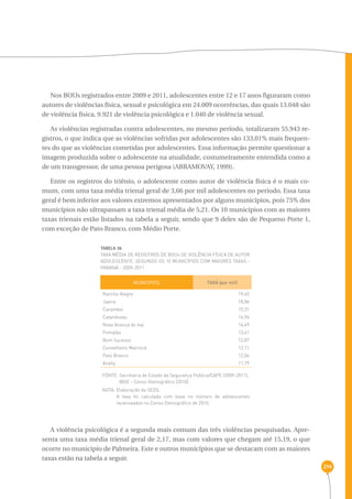 214 
Nos BOUs registrados entre 2009 e 2011, adolescentes entre 12 e 17 anos figuraram como 
autores de violências física, sexual e psicológica em 24.009 ocorrências, das quais 13.048 são 
de violência física, 9.921 de violência psicológica e 1.040 de violência sexual. 
As violências registradas contra adolescentes, no mesmo período, totalizaram 55.943 re-gistros, 
o que indica que as violências sofridas por adolescentes são 133,01% mais frequen-tes 
do que as violências cometidas por adolescentes. Essa informação permite questionar a 
imagem produzida sobre o adolescente na atualidade, costumeiramente entendida como a 
de um transgressor, de uma pessoa perigosa (ABRAMOVAY, 1999). 
Entre os registros do triênio, o adolescente como autor de violência física é o mais co-mum, 
com uma taxa média trienal geral de 3,66 por mil adolescentes no período. Essa taxa 
geral é bem inferior aos valores extremos apresentados por alguns municípios, pois 75% dos 
municípios não ultrapassam a taxa trienal média de 5,21. Os 10 municípios com as maiores 
taxas trienais estão listados na tabela a seguir, sendo que 9 deles são de Pequeno Porte 1, 
com exceção de Pato Branco, com Médio Porte. 
TABELA 36 
Taxa média de registros de bous de violência física de autor 
adolescente, segundo os 10 municípios com maiores taxas - 
Paraná - 2009-2011 
MUNICÍPIOS TAXA (por mil) 
Rancho Alegre 
Japira 
Carambeí 
Catanduvas 
Nova Aliança do Ivaí 
Pinhalão 
Bom Sucesso 
Conselheiro Mairinck 
Pato Branco 
Anahy 
19,65 
18,86 
15,31 
14,96 
14,49 
13,41 
12,87 
12,11 
12,06 
11,79 
FONTE: Secretaria de Estado da Segurança Pública/CAPE (2009-2011), 
IBGE - Censo Demográfico (2010) 
NOTA: Elaboração da SEDS. 
A taxa foi calculada com base no número de adolescentes 
recenseados no Censo Demográfico de 2010. 
A violência psicológica é a segunda mais comum das três violências pesquisadas. Apre-senta 
uma taxa média trienal geral de 2,17, mas com valores que chegam até 15,19, o que 
ocorre no município de Palmeira. Este e outros municípios que se destacam com as maiores 
taxas estão na tabela a seguir. 
 