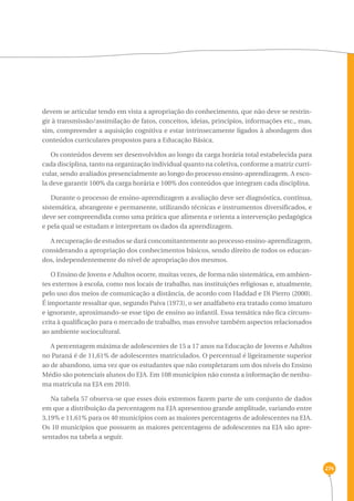 274 
devem se articular tendo em vista a apropriação do conhecimento, que não deve se restrin-gir 
à transmissão/assimilação de fatos, conceitos, ideias, princípios, informações etc., mas, 
sim, compreender a aquisição cognitiva e estar intrinsecamente ligados à abordagem dos 
conteúdos curriculares propostos para a Educação Básica. 
Os conteúdos devem ser desenvolvidos ao longo da carga horária total estabelecida para 
cada disciplina, tanto na organização individual quanto na coletiva, conforme a matriz curri-cular, 
sendo avaliados presencialmente ao longo do processo ensino-aprendizagem. A esco-la 
deve garantir 100% da carga horária e 100% dos conteúdos que integram cada disciplina. 
Durante o processo de ensino-aprendizagem a avaliação deve ser diagnóstica, contínua, 
sistemática, abrangente e permanente, utilizando técnicas e instrumentos diversificados, e 
deve ser compreendida como uma prática que alimenta e orienta a intervenção pedagógica 
e pela qual se estudam e interpretam os dados da aprendizagem. 
A recuperação de estudos se dará concomitantemente ao processo ensino-aprendizagem, 
considerando a apropriação dos conhecimentos básicos, sendo direito de todos os educan-dos, 
independentemente do nível de apropriação dos mesmos. 
O Ensino de Jovens e Adultos ocorre, muitas vezes, de forma não sistemática, em ambien-tes 
externos à escola, como nos locais de trabalho, nas instituições religiosas e, atualmente, 
pelo uso dos meios de comunicação a distância, de acordo com Haddad e Di Pierro (2000). 
É importante ressaltar que, segundo Paiva (1973), o ser analfabeto era tratado como imaturo 
e ignorante, aproximando-se esse tipo de ensino ao infantil. Essa temática não fica circuns-crita 
à qualificação para o mercado de trabalho, mas envolve também aspectos relacionados 
ao ambiente sociocultural. 
A percentagem máxima de adolescentes de 15 a 17 anos na Educação de Jovens e Adultos 
no Paraná é de 11,61% de adolescentes matriculados. O percentual é ligeiramente superior 
ao de abandono, uma vez que os estudantes que não completaram um dos níveis do Ensino 
Médio são potenciais alunos do EJA. Em 108 municípios não consta a informação de nenhu-ma 
matrícula na EJA em 2010. 
Na tabela 57 observa-se que esses dois extremos fazem parte de um conjunto de dados 
em que a distribuição da percentagem na EJA apresentou grande amplitude, variando entre 
3,19% e 11,61% para os 40 municípios com as maiores percentagens de adolescentes na EJA. 
Os 10 municípios que possuem as maiores percentagens de adolescentes na EJA são apre-sentados 
na tabela a seguir. 
 