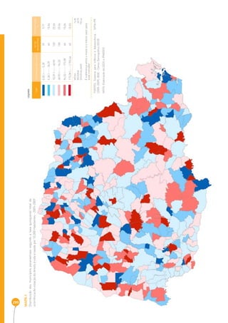299 
MAPA 1 
Distribuição dos municípios paranaenses segundo a taxa quinquenal total da 
ocorrência de violação do direito à vida e saúde por 10.000 Habitantes - 2005-2009 
COR INTERVALOS DAS TAXAS Nº DE 
MUNICÍPIOS 
PERCENTAGEM 
% 
0,00 |----- 5,28 39 9,77 
5,28 |----- 18,39 60 15,04 
18,39 |----- 48,90 100 25,06 
48,90 |----- 96,33 100 25,06 
96,33 |----- 175,08 60 15,04 
175,08 |-----| 703,64 40 10,03 
MÉDIA 7 4,80 
MEDIANA 48,90 
DESIGUALDADE 7 03,64 
É a diferença entre o maior e o menor valor para 
esse indicador 
LEGENDA 
FONTES: Sistema para Infância e Adolescência - SIPIA-PR 
(2005-2009), IBGE - Censo Demográfi co (2010) 
NOTA: Elaboração da SEDS e IPARDES. 
 