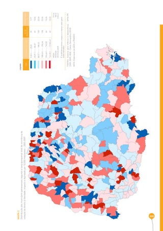 MAPA 2 
Distribuição dos municípios paranaenses segundo a taxa quinquenal total da ocorrência de 
violação do direito à liberdade, respeito e dignidade por 10.000 Habitantes - 2005-2009 
300 
COR INTERVALOS DAS TAXAS Nº DE 
MUNICÍPIOS 
PERCENTAGEM 
% 
0,00 |----- 25,81 39 9,77 
25,81 |----- 80,57 60 15,04 
80,57 |----- 188,43 100 25,06 
188,43 |----- 396,66 100 25,06 
396,66 |----- 742,82 60 15,04 
742,82 |-----| 2.865,41 40 10,03 
MÉDIA 3 19,04 
MEDIANA 188,43 
DESIGUALDADE 2.865,41 
É a diferença entre o maior e o menor valor para 
esse indicador 
LEGENDA 
FONTES: Sistema para Infância e Adolescência - SIPIA-PR 
(2005-2009), IBGE - Censo Demográfi co (2010) 
NOTA: Elaboração da SEDS e IPARDES. 
 